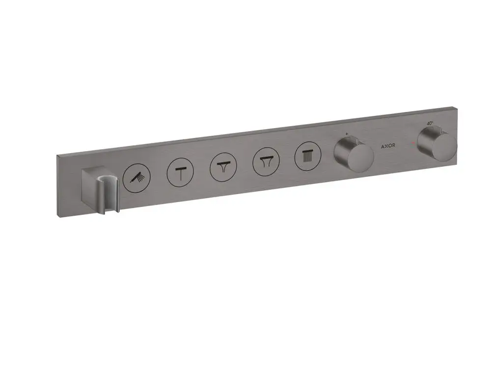 Thermostatmodul von AXOR in gebürstetem Schwarzchrom mit Bedienelementen für die Steuerung von bis zu fünf Verbrauchern.